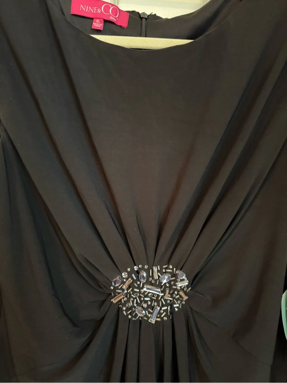 NWT Nine & Co. Black Ruched Sheath Dress with Beaded Waist Detail - Cap Sleeve - Picture 4 of 14